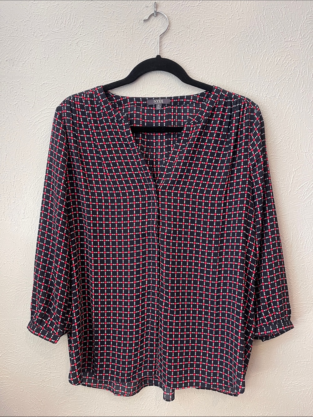 NYDJ Black Blouse with Red & Light Blue Grid Print V-Neck. Size Medium.